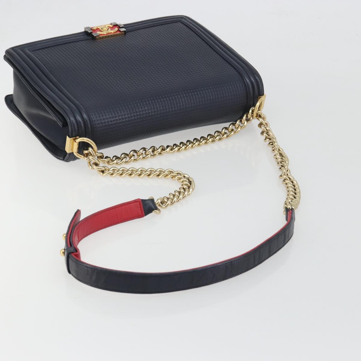 CHANEL Boy Chanel Chain Shoulder Bag Leather Navy Gold CC Auth 193912A