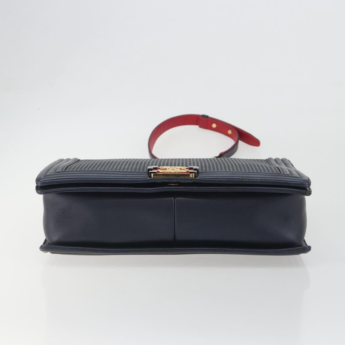CHANEL Boy Chanel Chain Shoulder Bag Leather Navy Gold CC Auth 193912A