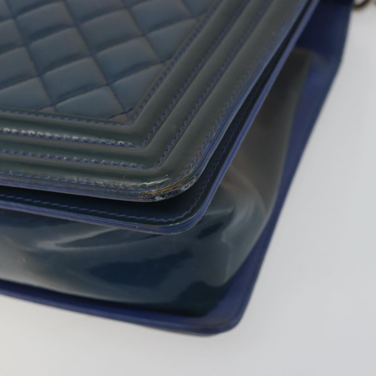 CHANEL Matelasse Boy Chanel Chain Bag Patent Leather Blue Silver CC Auth 193914