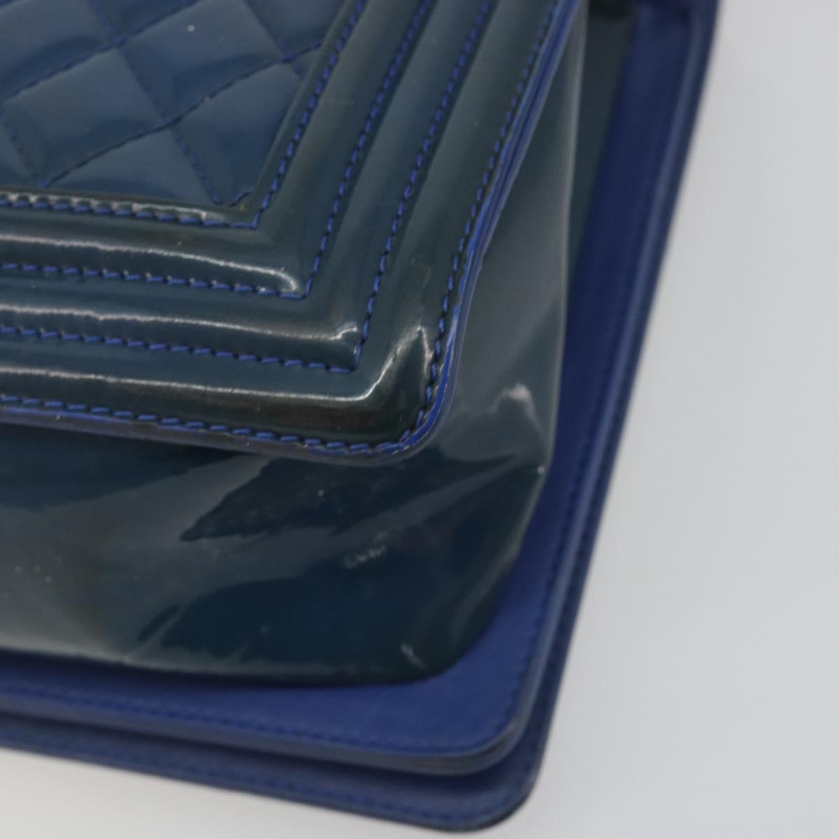 CHANEL Matelasse Boy Chanel Chain Bag Patent Leather Blue Silver CC Auth 193914