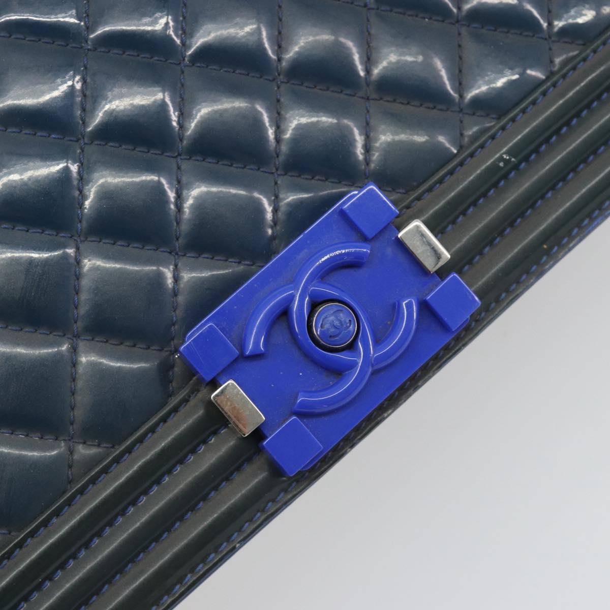 CHANEL Matelasse Boy Chanel Chain Bag Patent Leather Blue Silver CC Auth 193914