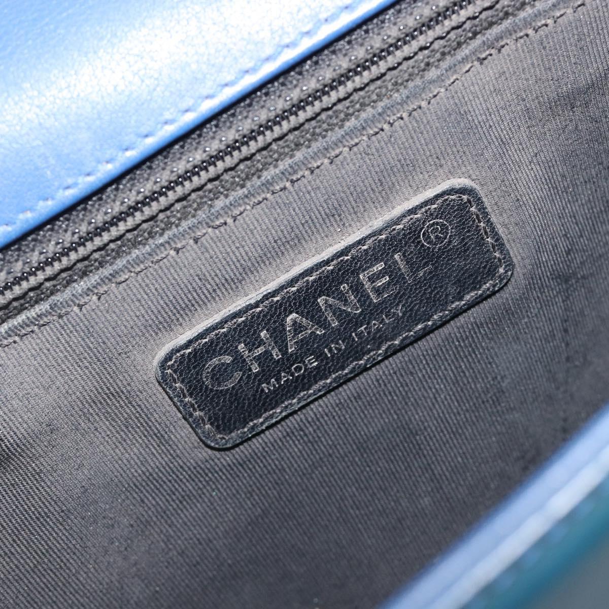 CHANEL Matelasse Boy Chanel Chain Bag Patent Leather Blue Silver CC Auth 193914