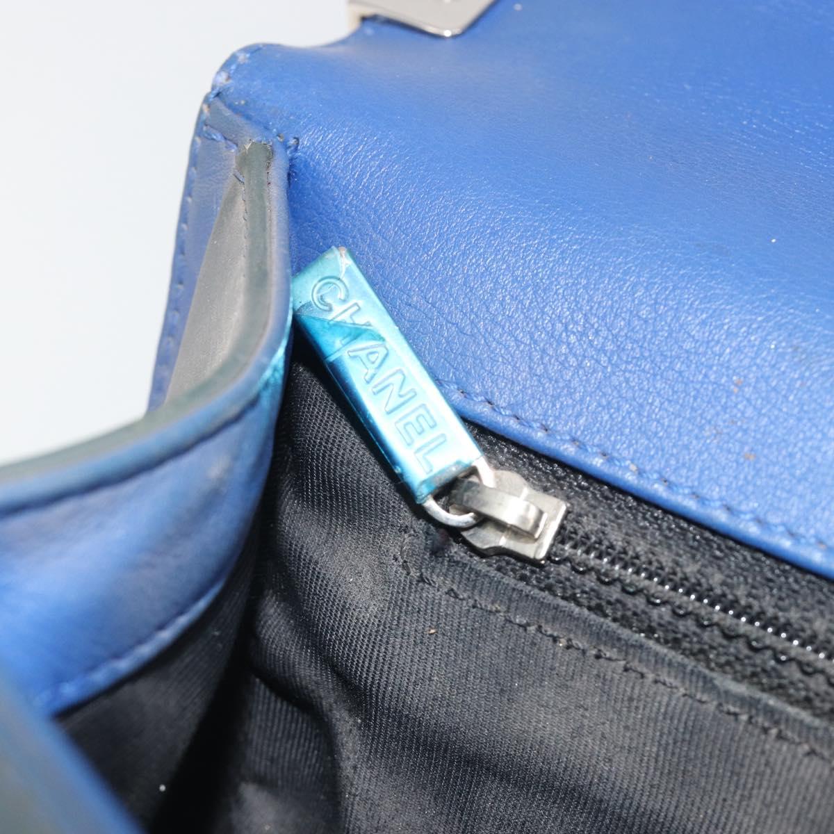 CHANEL Matelasse Boy Chanel Chain Bag Patent Leather Blue Silver CC Auth 193914