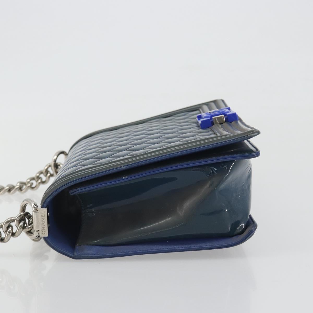 CHANEL Matelasse Boy Chanel Chain Bag Patent Leather Blue Silver CC Auth 193914