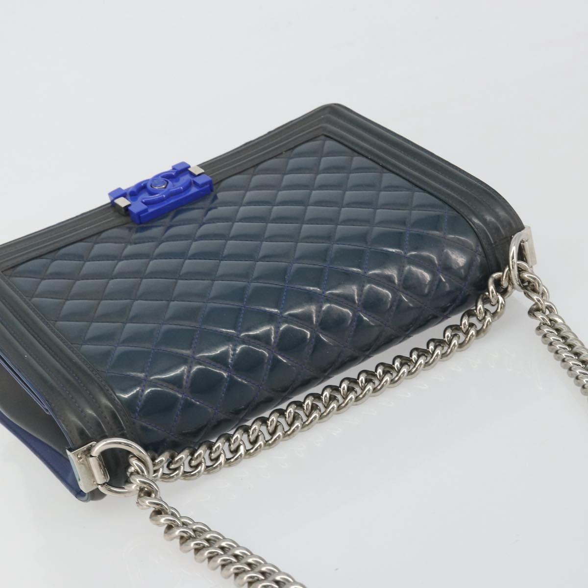CHANEL Matelasse Boy Chanel Chain Bag Patent Leather Blue Silver CC Auth 193914