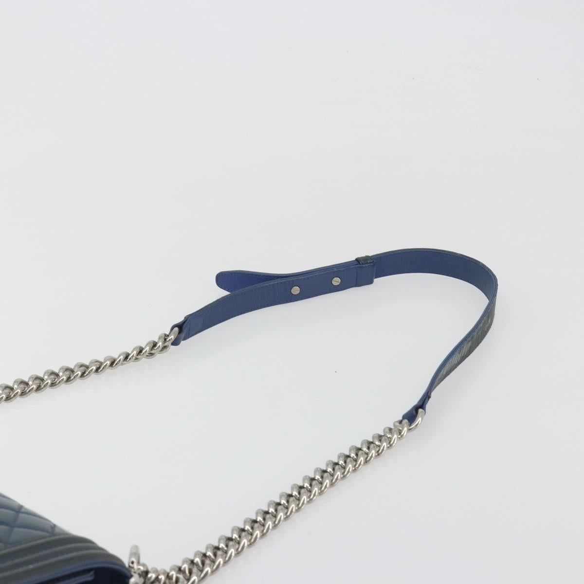CHANEL Matelasse Boy Chanel Chain Bag Patent Leather Blue Silver CC Auth 193914