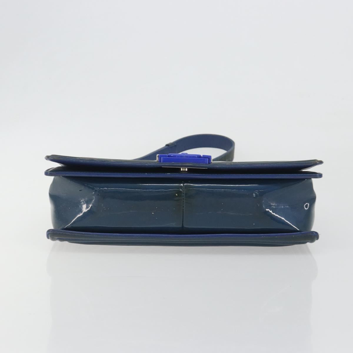 CHANEL Matelasse Boy Chanel Chain Bag Patent Leather Blue Silver CC Auth 193914