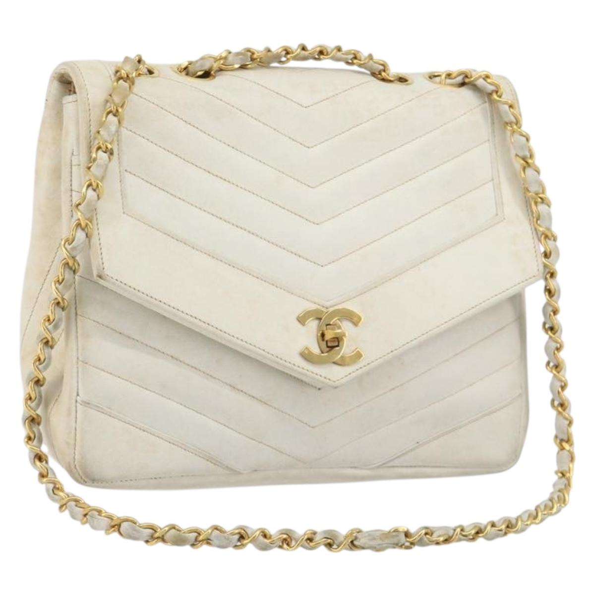 CHANEL Matelasse Chain Shoulder Bag Lamb Skin White Gold CC Auth 193951