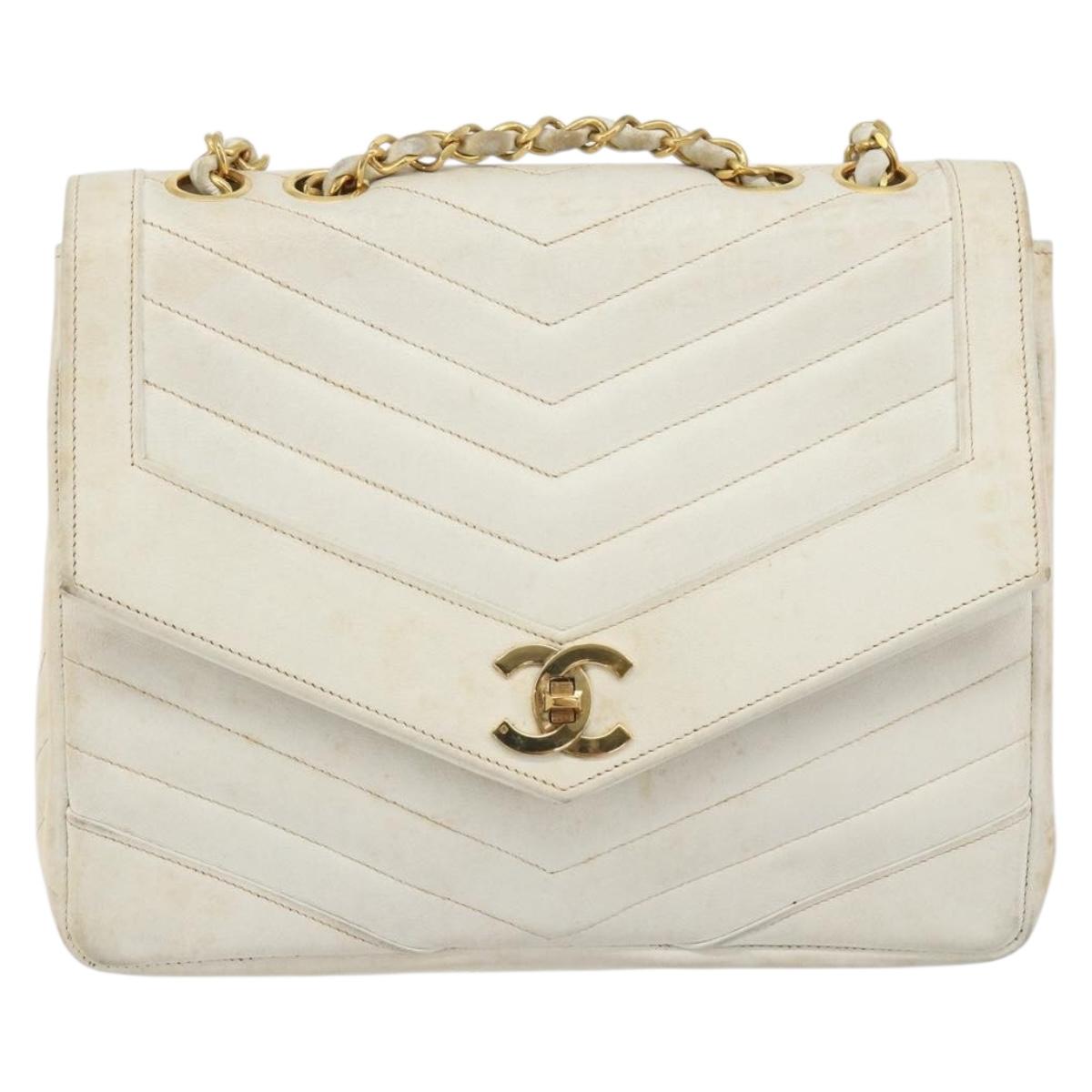 CHANEL Matelasse Chain Shoulder Bag Lamb Skin White Gold CC Auth 193951