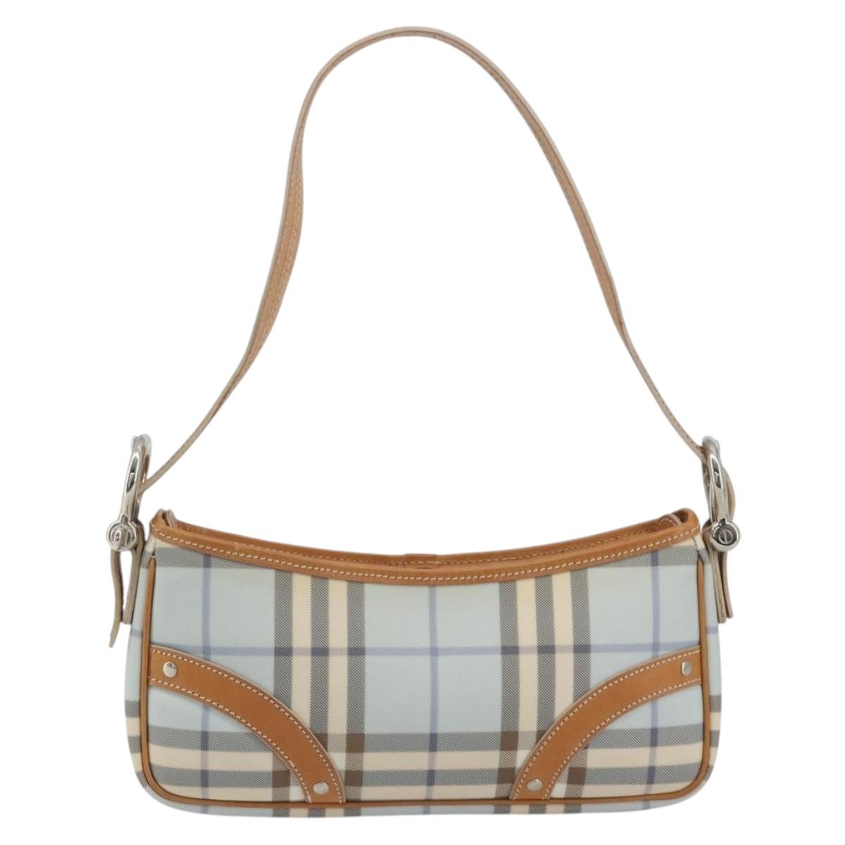 BURBERRY Nova Check Hand Bag PVC Light Blue Silver Auth 193958A