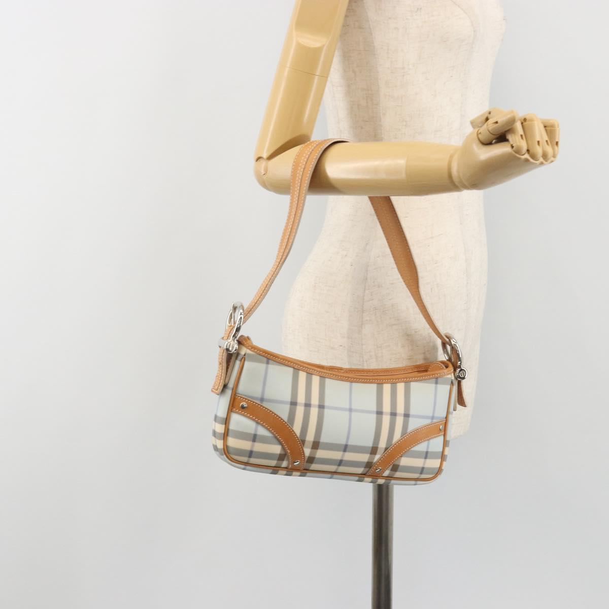 BURBERRY Nova Check Hand Bag PVC Light Blue Silver Auth 193958A