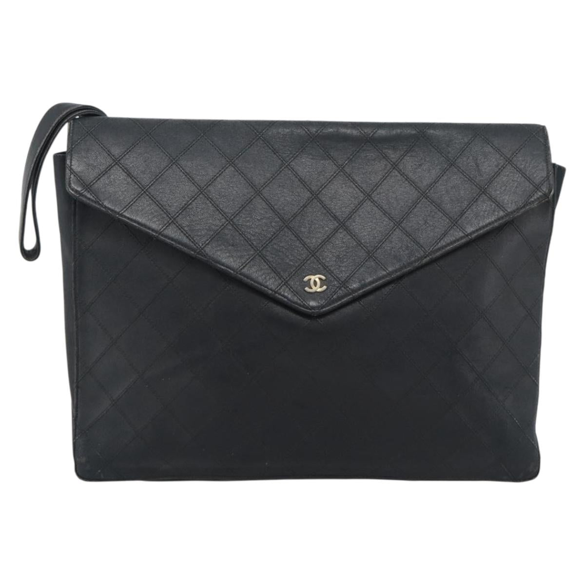 CHANEL Bicolore Clutch Bag Lamb Skin Black Gold CC Auth 193959