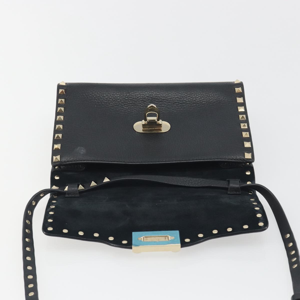 VALENTINO Studs Shoulder Bag Leather Black Gold Auth 193963A