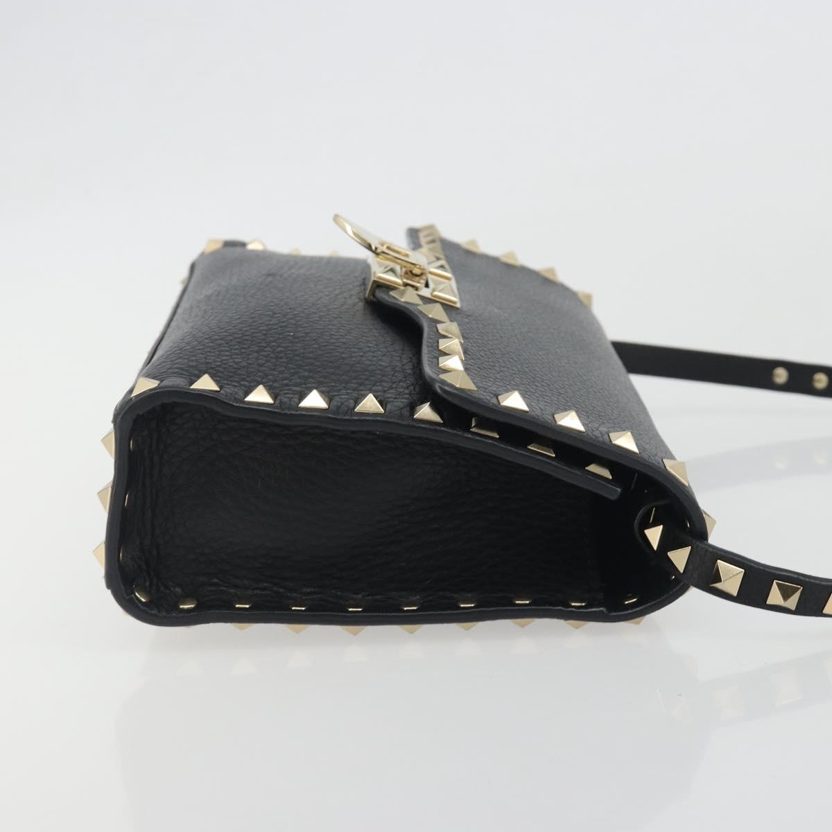 VALENTINO Studs Shoulder Bag Leather Black Gold Auth 193963A
