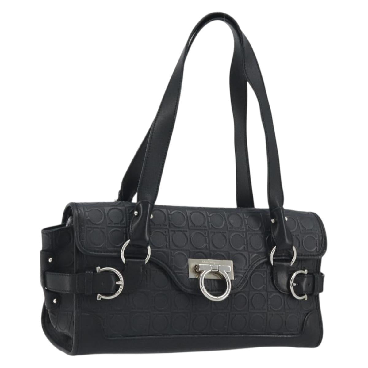 Salvatore Ferragamo Gancini Shoulder Bag Leather Black Silver Auth 193966A