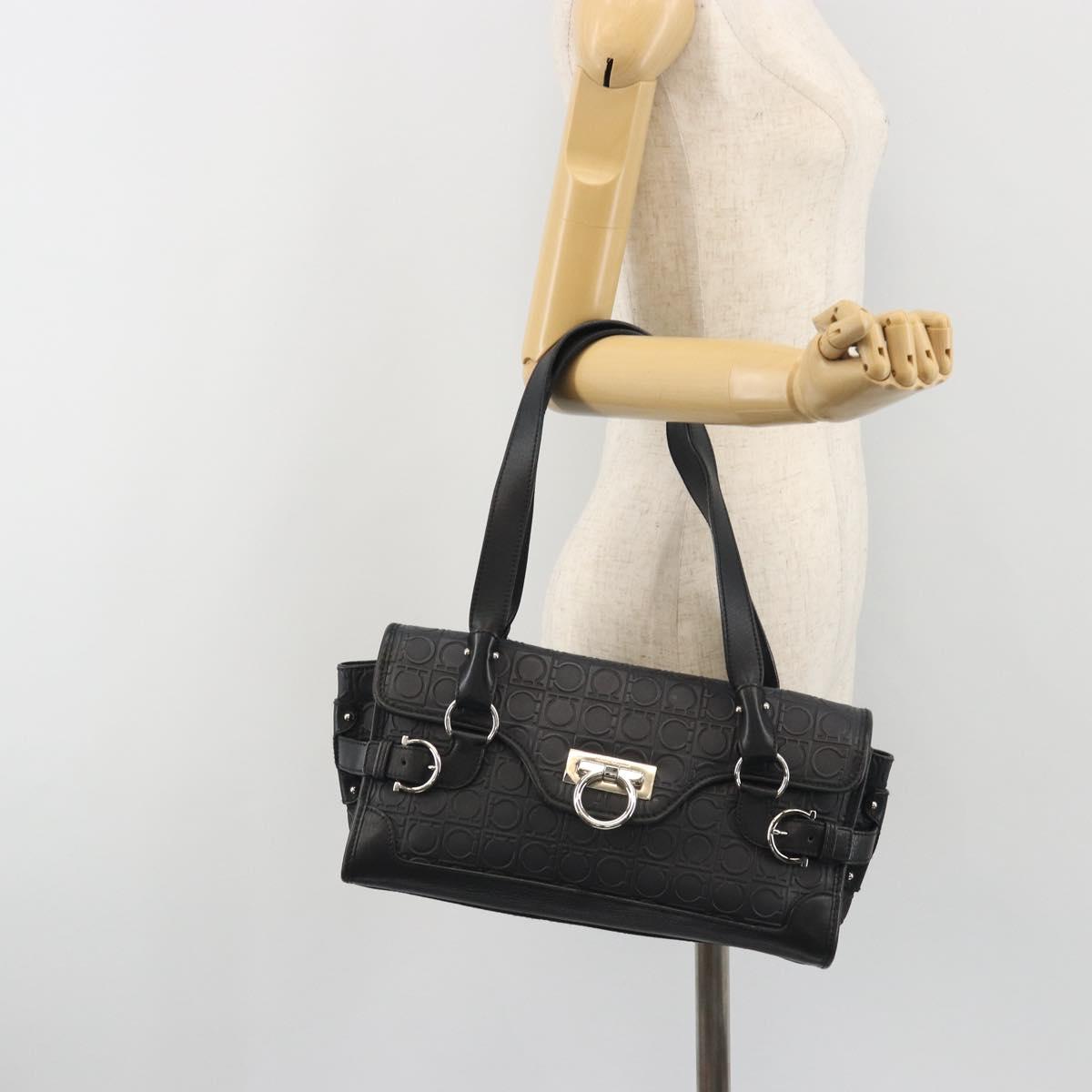 Salvatore Ferragamo Gancini Shoulder Bag Leather Black Silver Auth 193966A