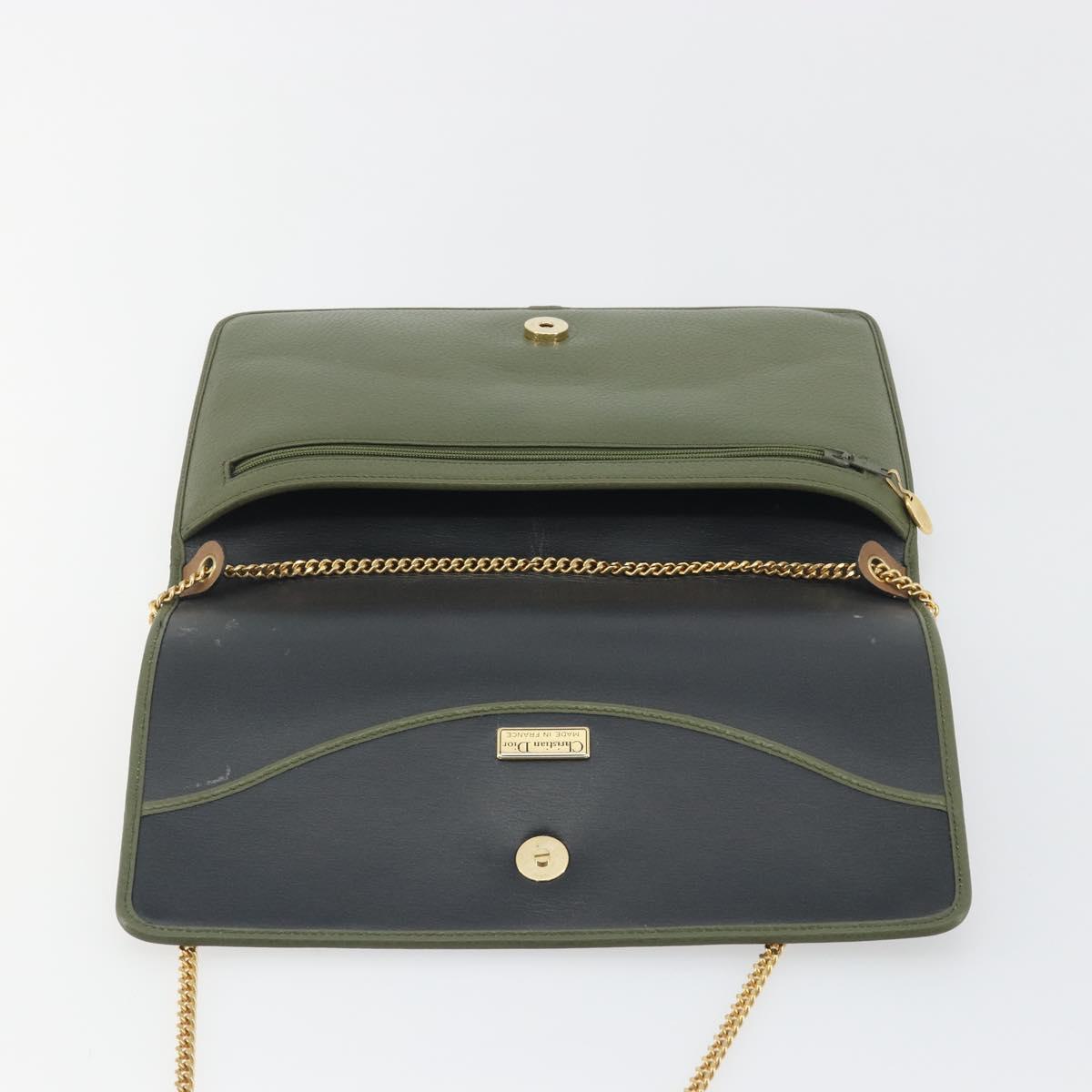 Christian Dior Chain Shoulder Bag Leather Green Gold Auth 193969