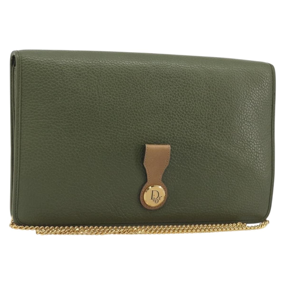 Christian Dior Chain Shoulder Bag Leather Green Gold Auth 193969