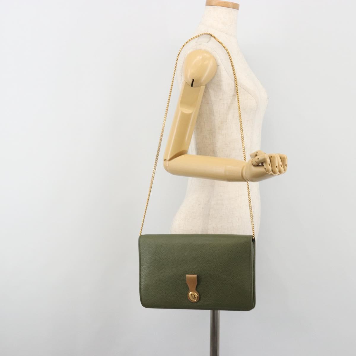Christian Dior Chain Shoulder Bag Leather Green Gold Auth 193969