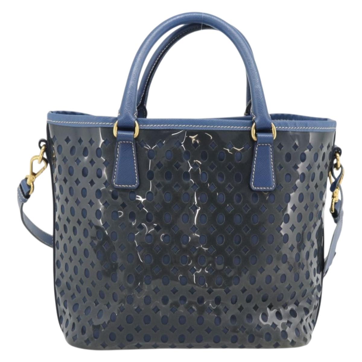 PRADA Hand Bag Vinyl 2way Blue Gold Auth 193975