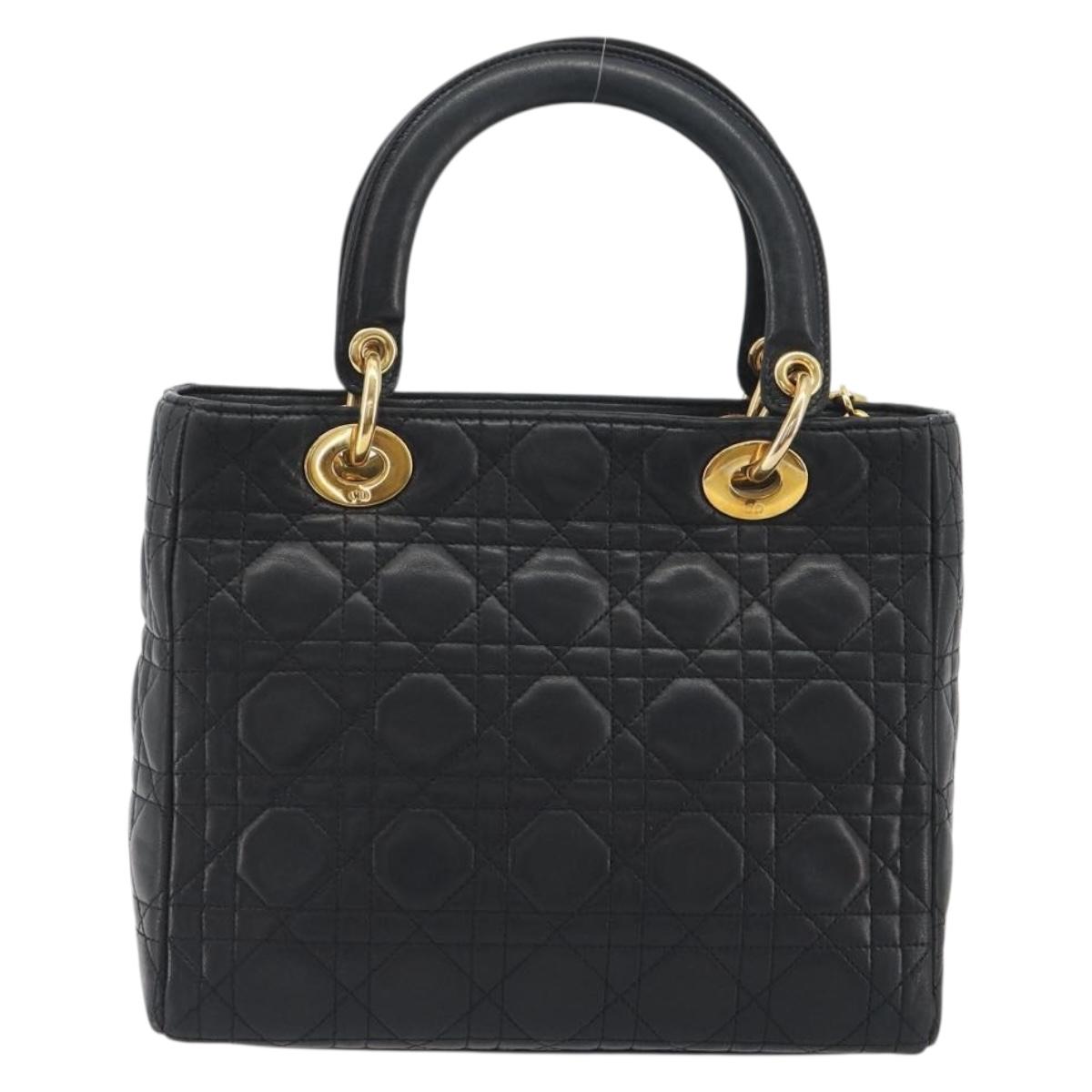 Christian Dior Canage Hand Bag Lamb Skin Black Gold Auth 193978A