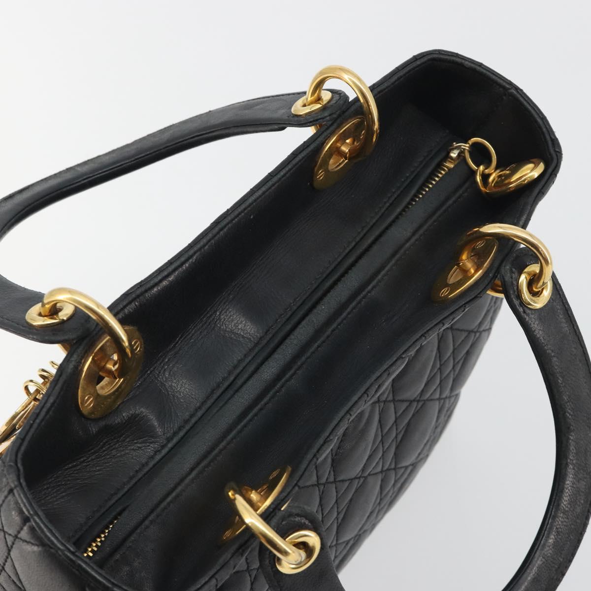 Christian Dior Canage Hand Bag Lamb Skin Black Gold Auth 193978A
