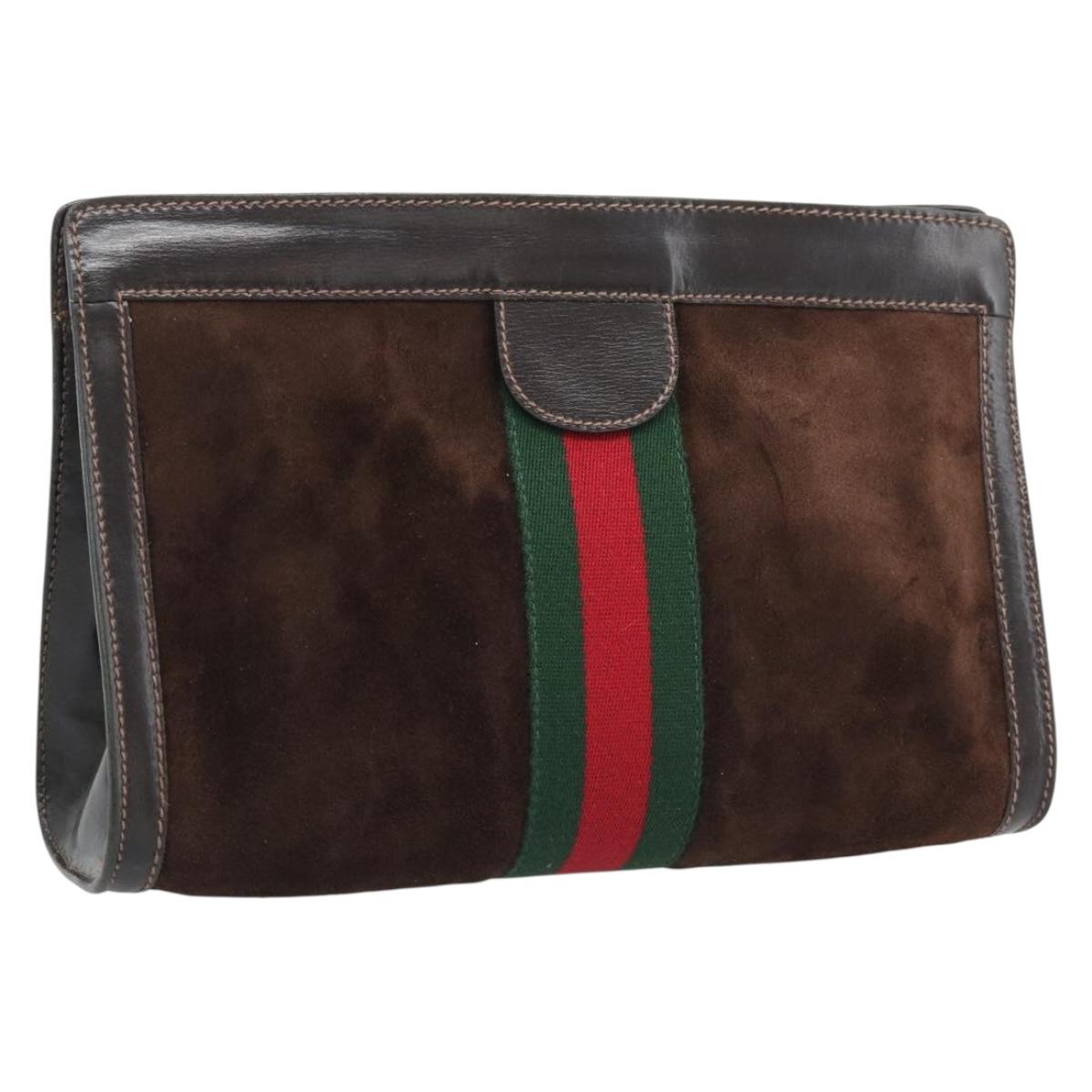 GUCCI Web Sherry Line Clutch Bag Suede Brown Auth 193983A