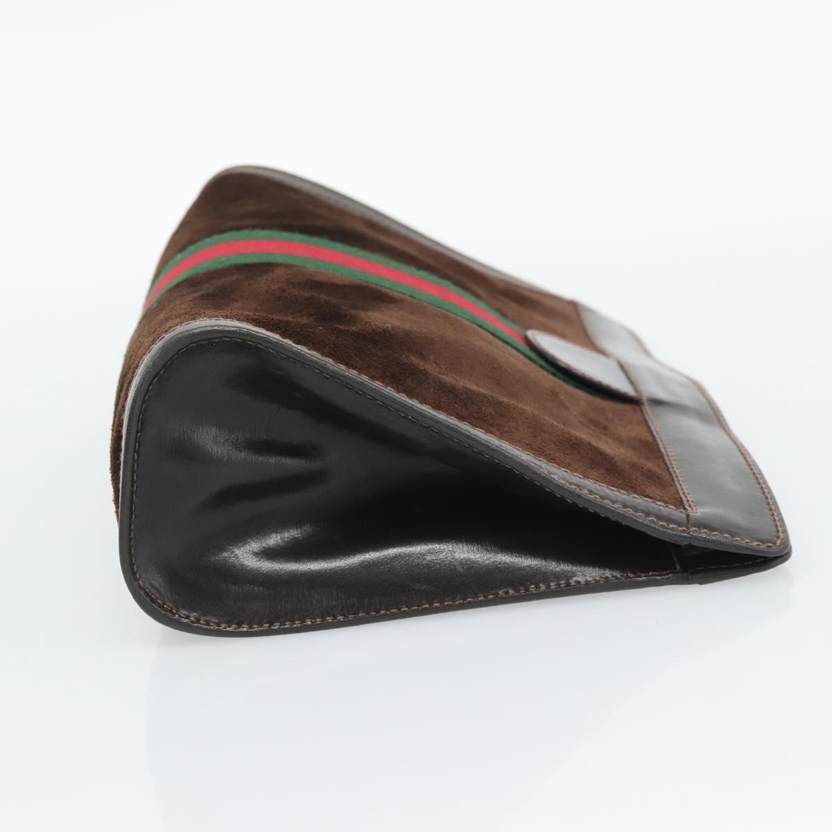 GUCCI Web Sherry Line Clutch Bag Suede Brown Auth 193983A