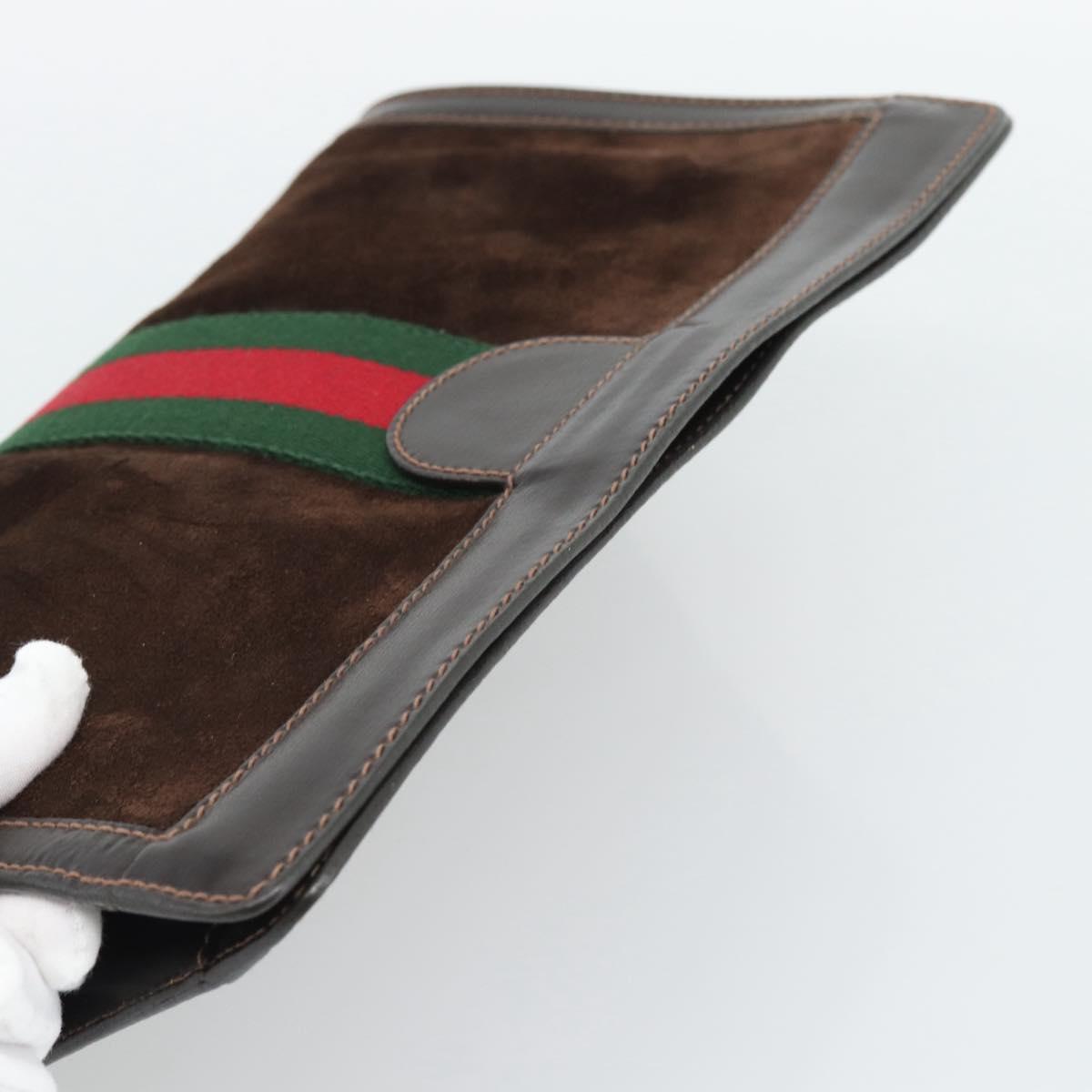 GUCCI Web Sherry Line Clutch Bag Suede Brown Auth 193983A