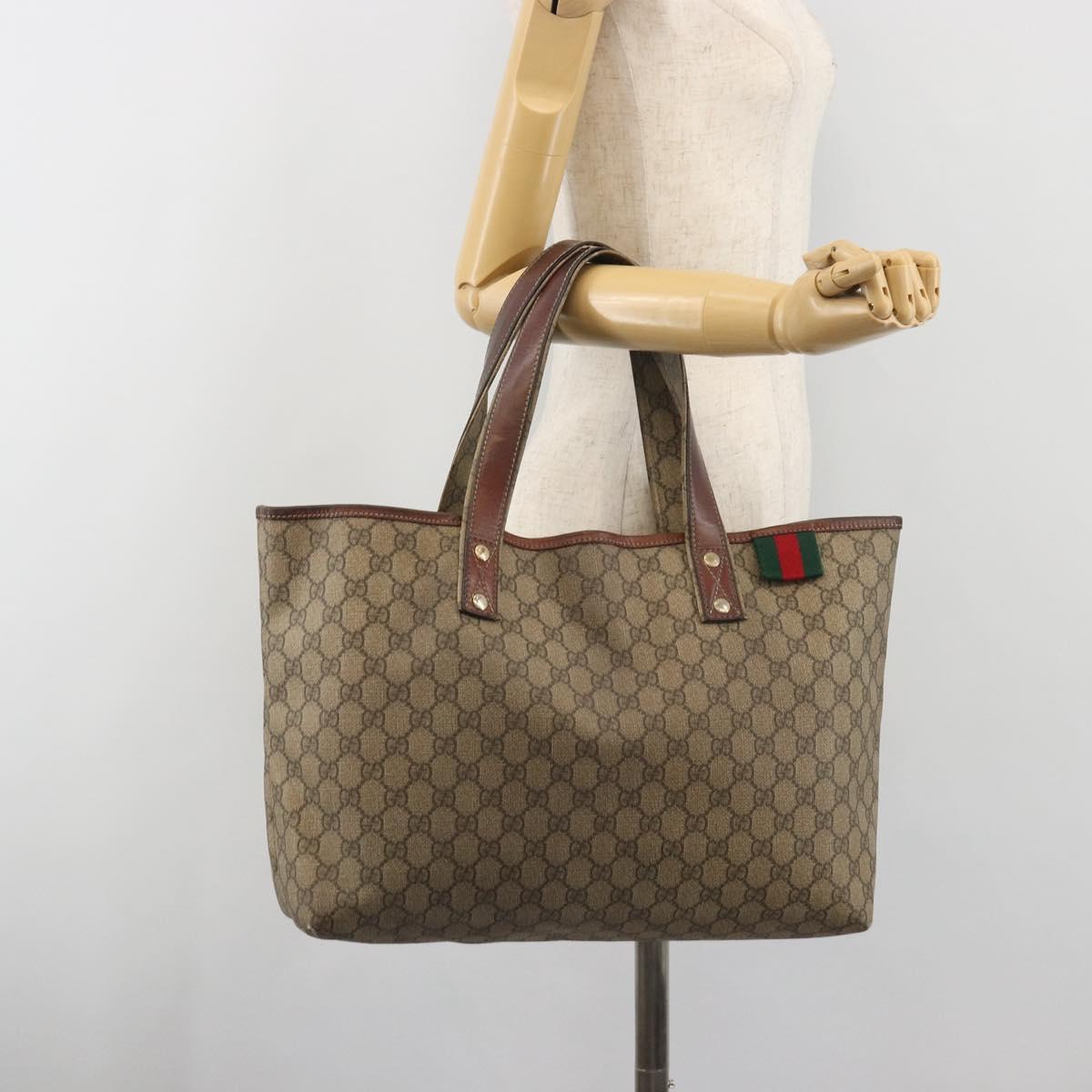 GUCCI GG Supreme Web Sherry Line Tote Bag PVC Beige Gold 211134 Auth 193984