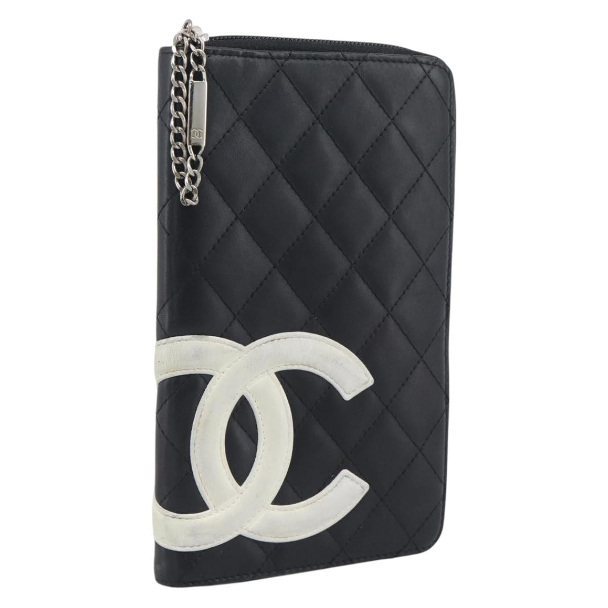 CHANEL Matelasse Cambon Line Long Wallet Leather Black Silver CC Auth 193997