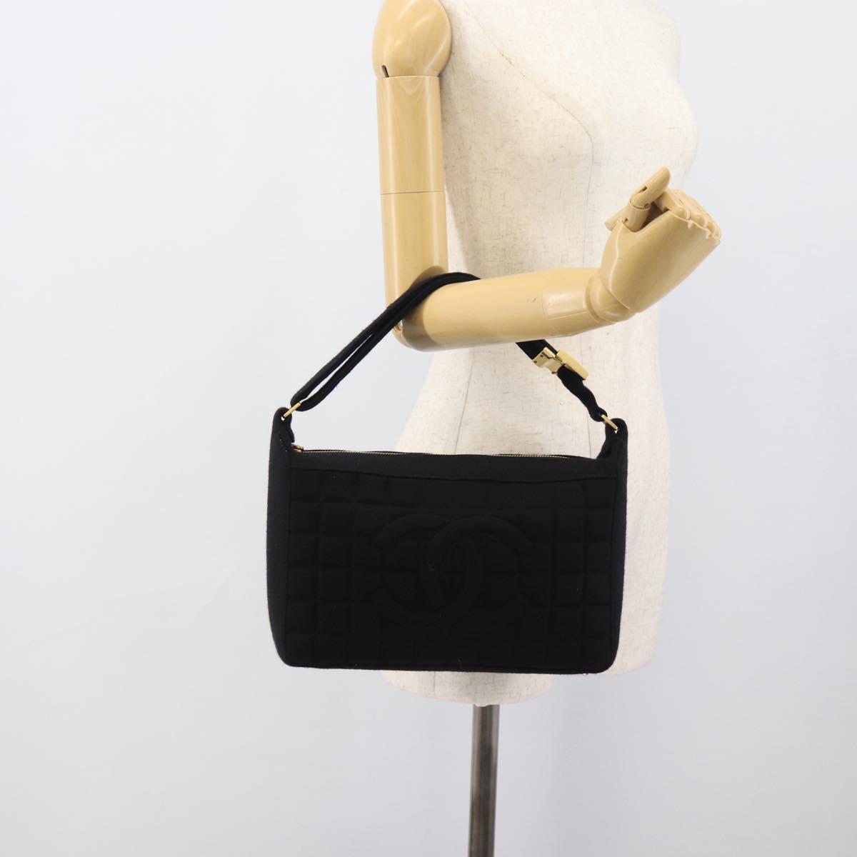 CHANEL Choco Bar Hand Bag Cotton Black Gold CC Auth 194003A