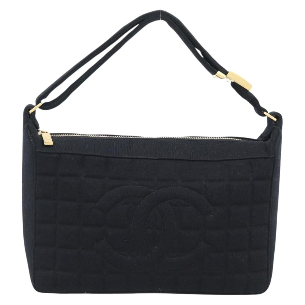 CHANEL Choco Bar Hand Bag Cotton Black Gold CC Auth 194003A