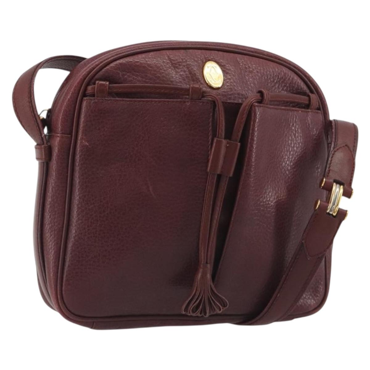 CARTIER Must Line Shoulder Bag Leather Bordeaux Gold Auth 194006