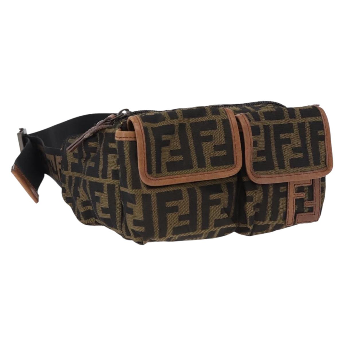 FENDI Zucca Canvas Waist Bag Brown Black Auth 194020A