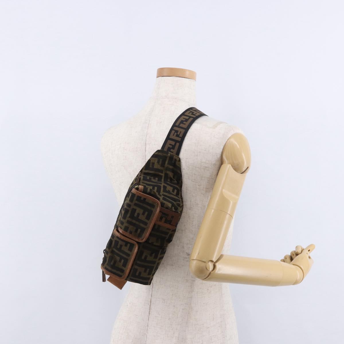 FENDI Zucca Canvas Waist Bag Brown Black Auth 194020A