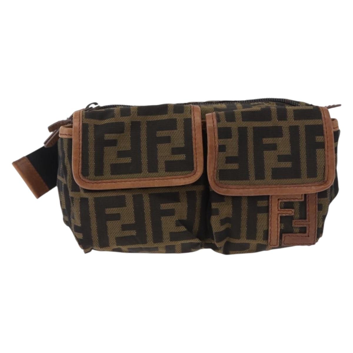 FENDI Zucca Canvas Waist Bag Brown Black Auth 194020A