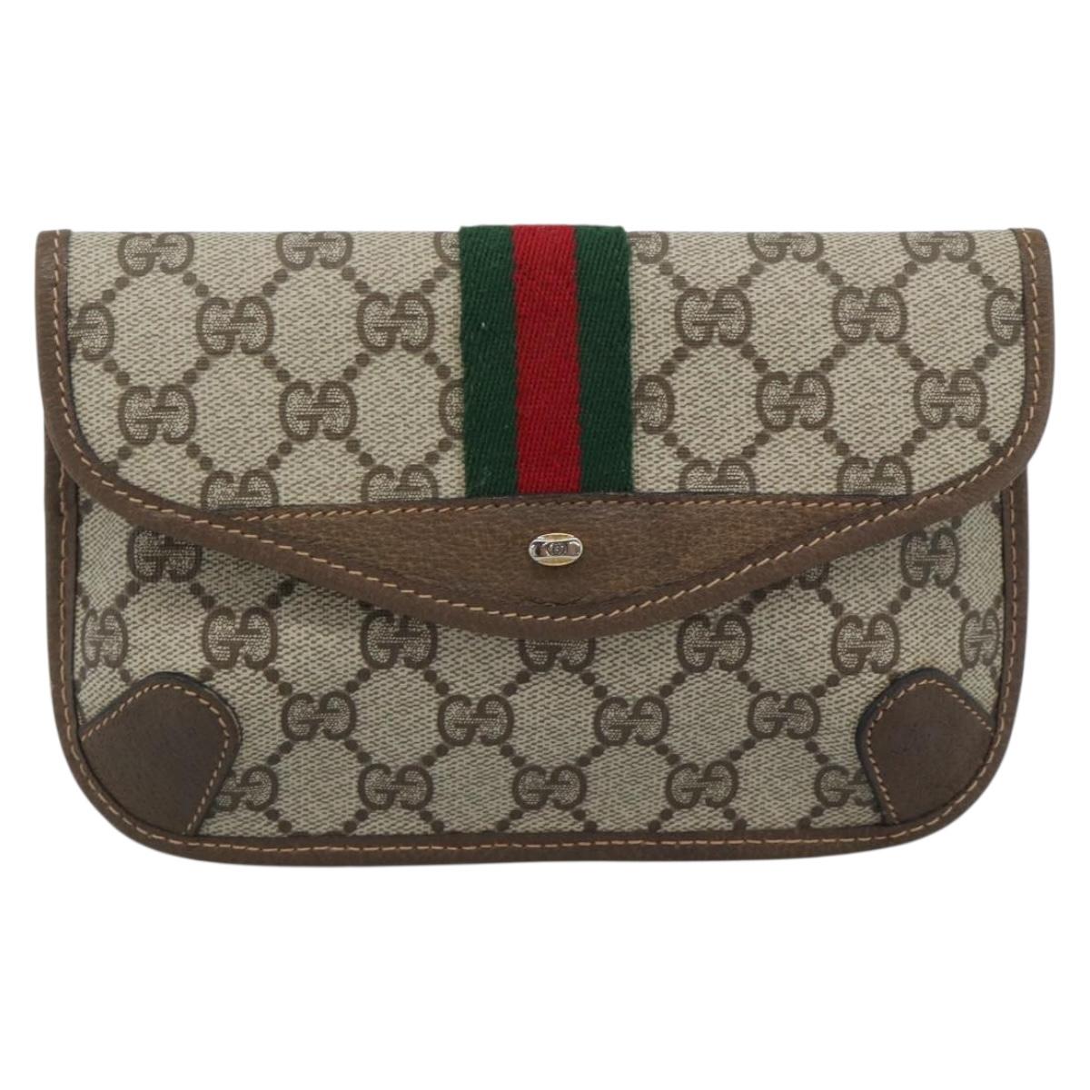 GUCCI GG Supreme Web Sherry Line Pouch PVC Beige Gold 89 01 021 Auth 194021A