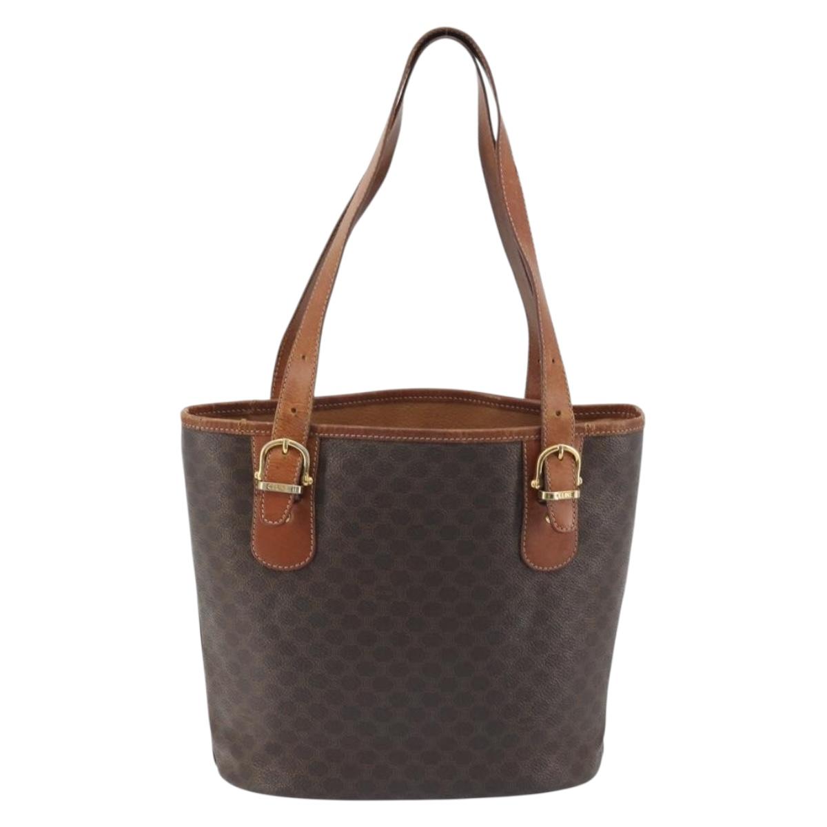 CELINE Macadam Canvas Tote Bag PVC Leather Brown Gold Auth 194037