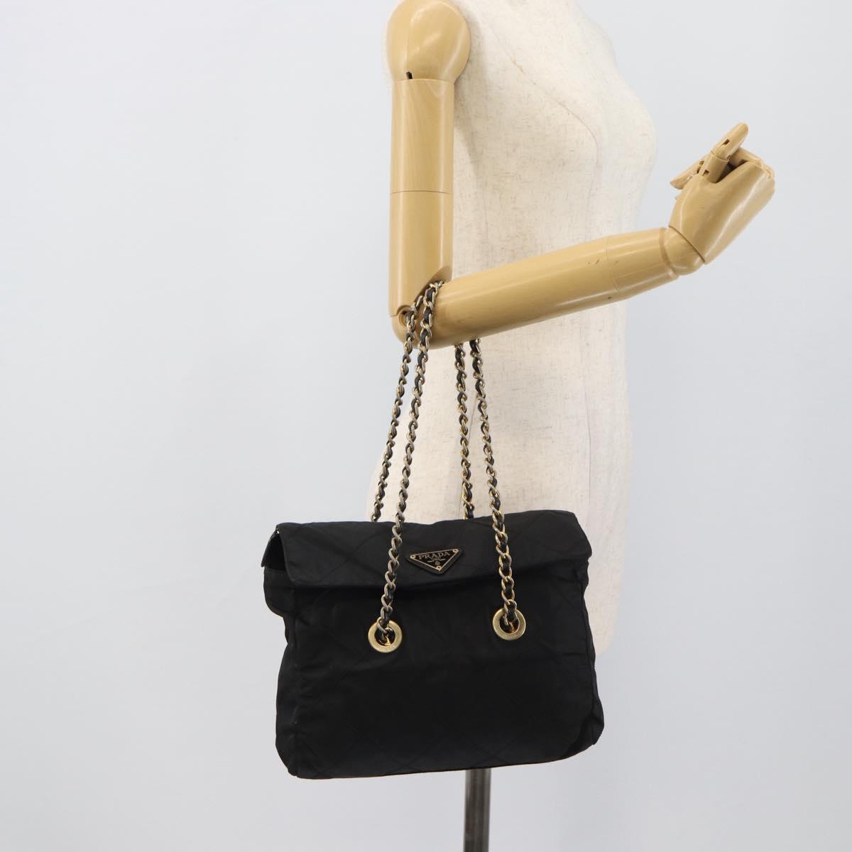 PRADA Chain Shoulder Bag Nylon Black Gold Auth 194040