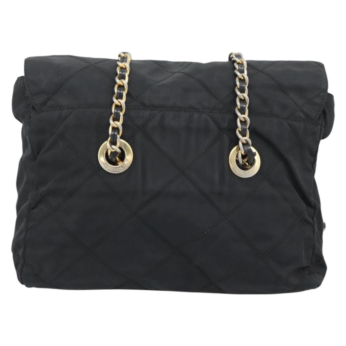 PRADA Chain Shoulder Bag Nylon Black Gold Auth 194040