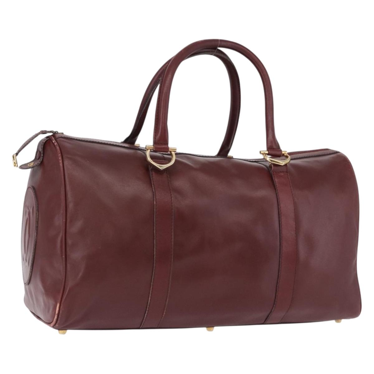 CARTIER Must Line Boston Bag Leather Bordeaux Gold Auth 194043