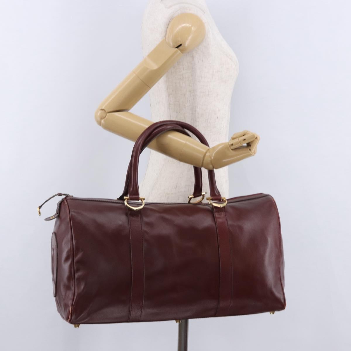 CARTIER Must Line Boston Bag Leather Bordeaux Gold Auth 194043