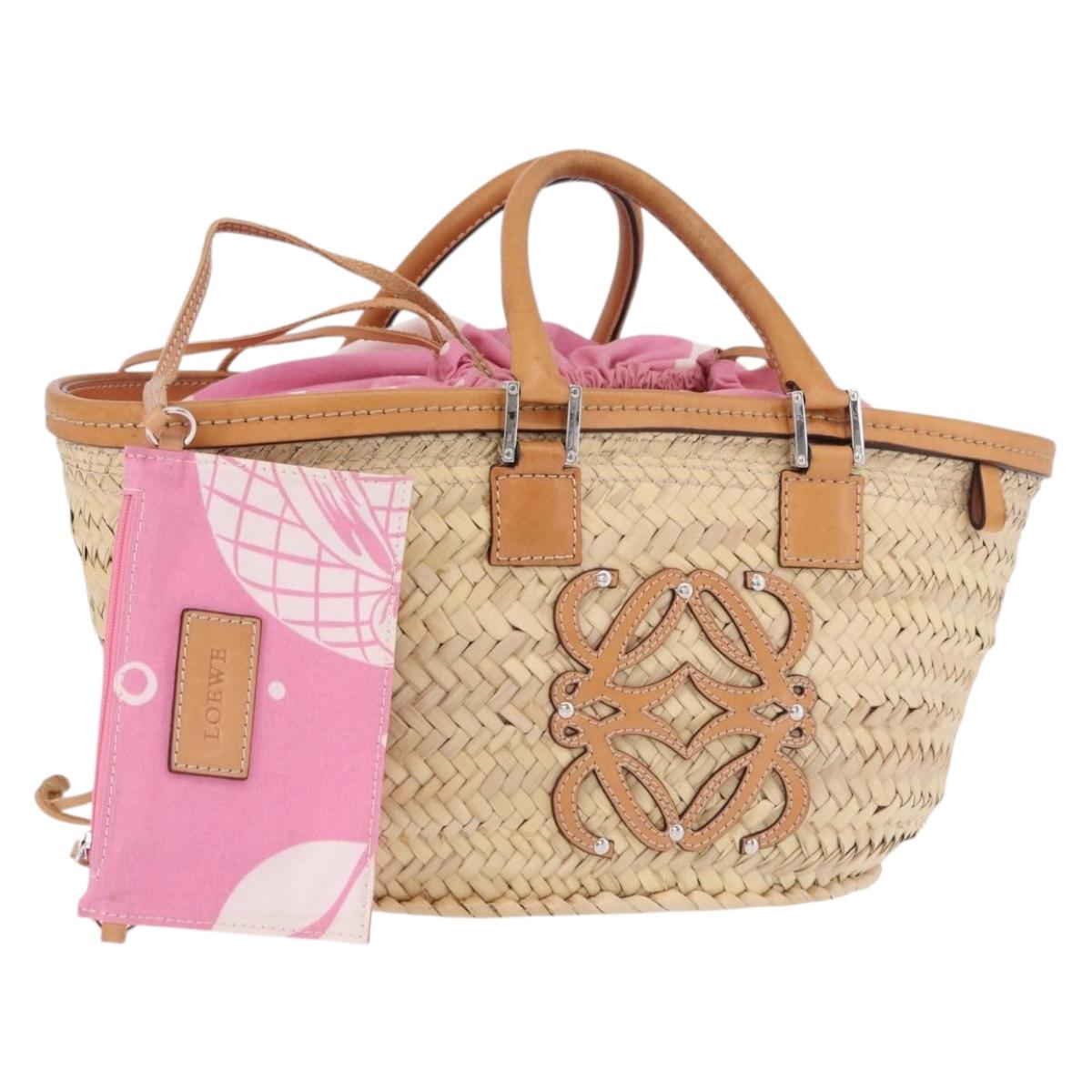 LOEWE Basket Bag Raffia Beige Silver Auth 194045A