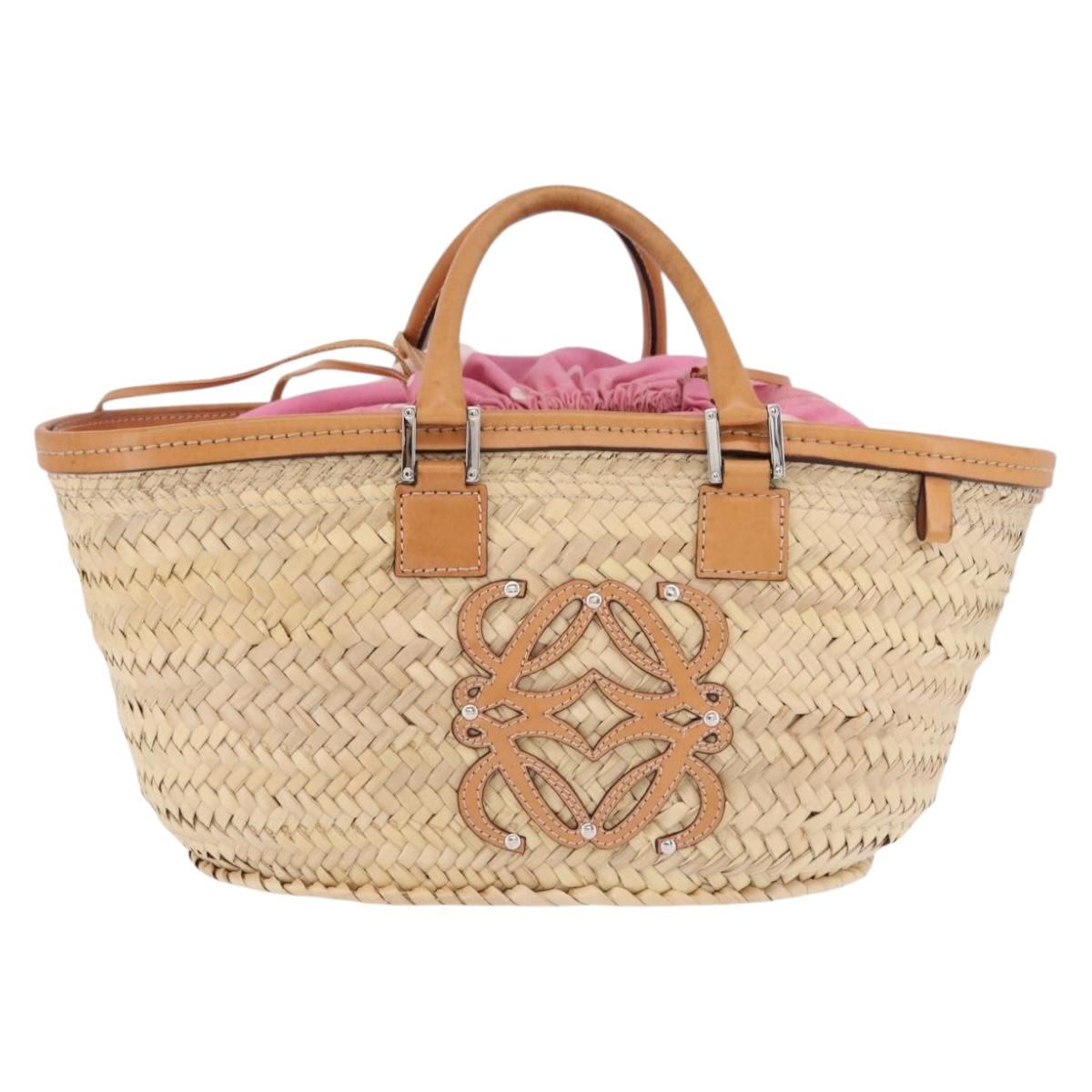 LOEWE Basket Bag Raffia Beige Silver Auth 194045A