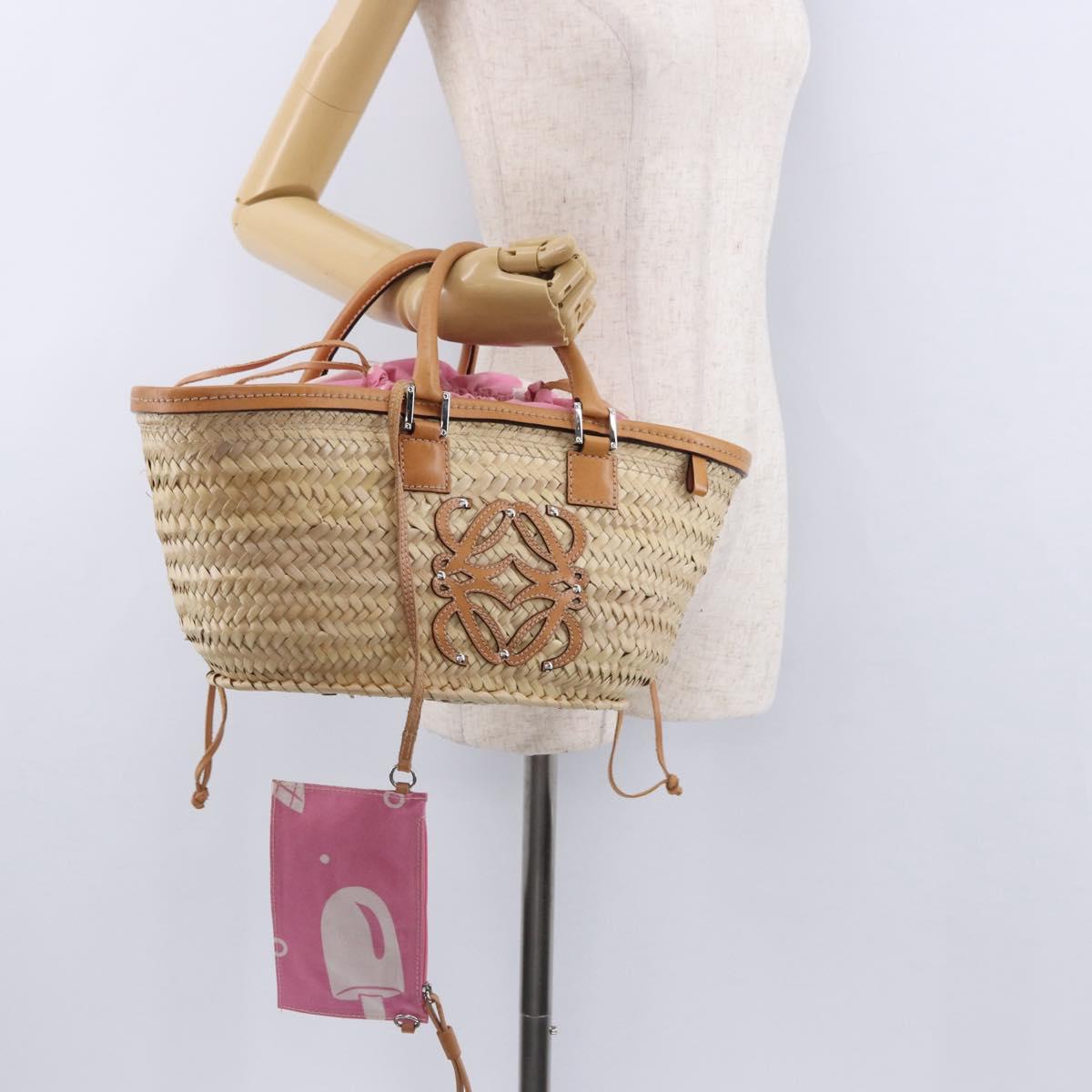 LOEWE Basket Bag Raffia Beige Silver Auth 194045A