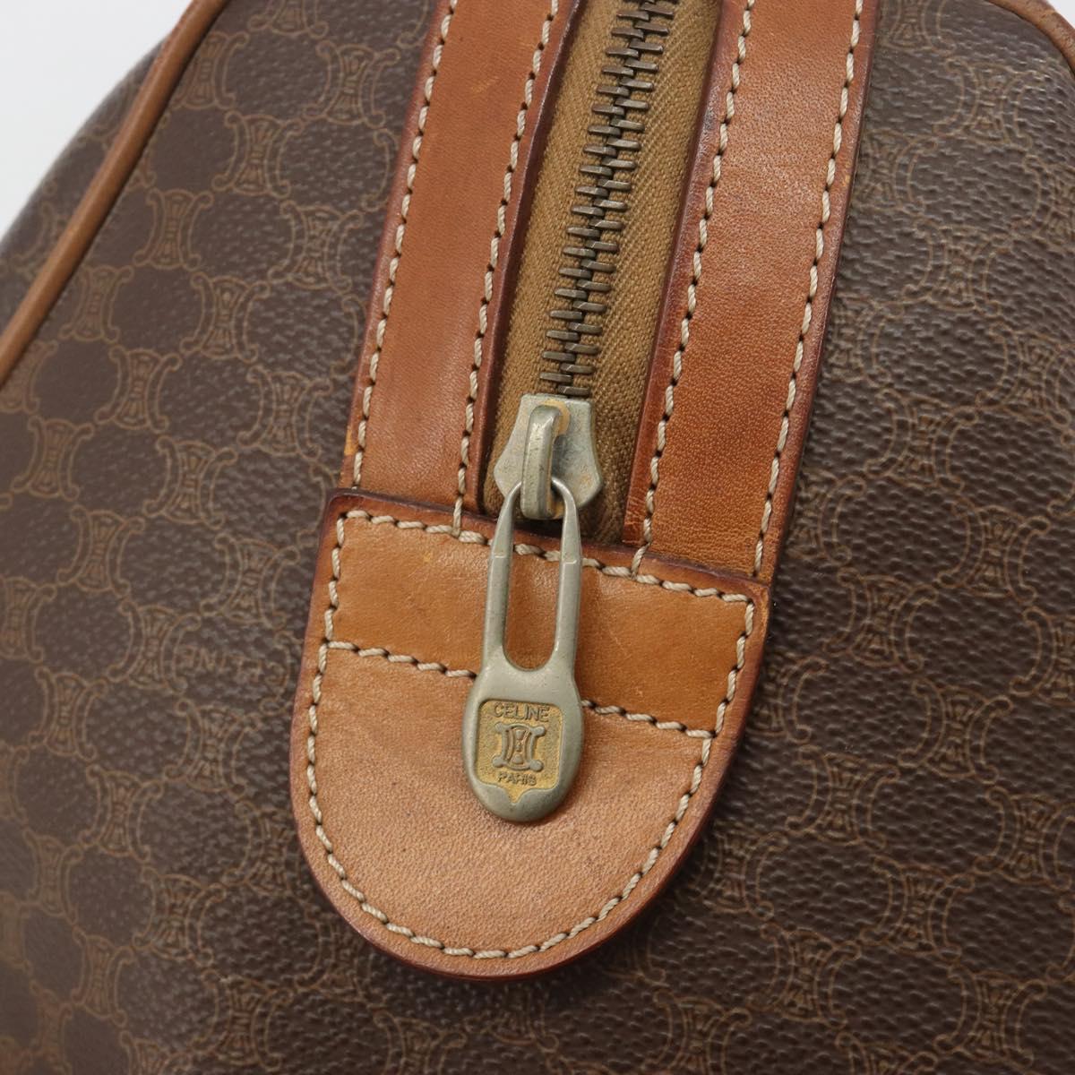 CELINE Macadam Canvas Boston Bag PVC Leather Brown Gold Auth 194053