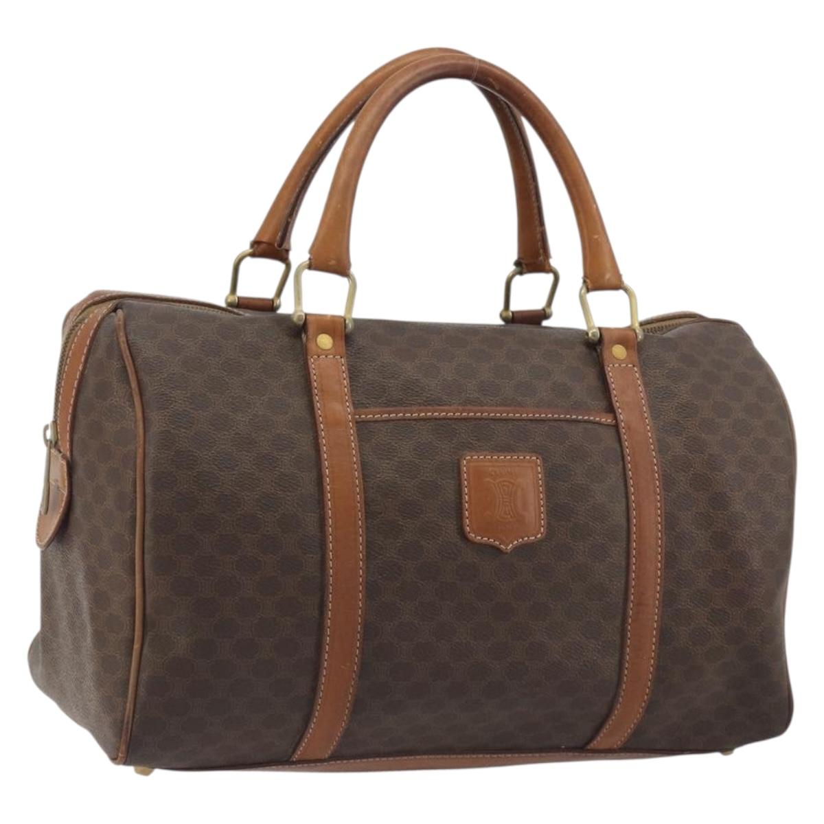 CELINE Macadam Canvas Boston Bag PVC Leather Brown Gold Auth 194053