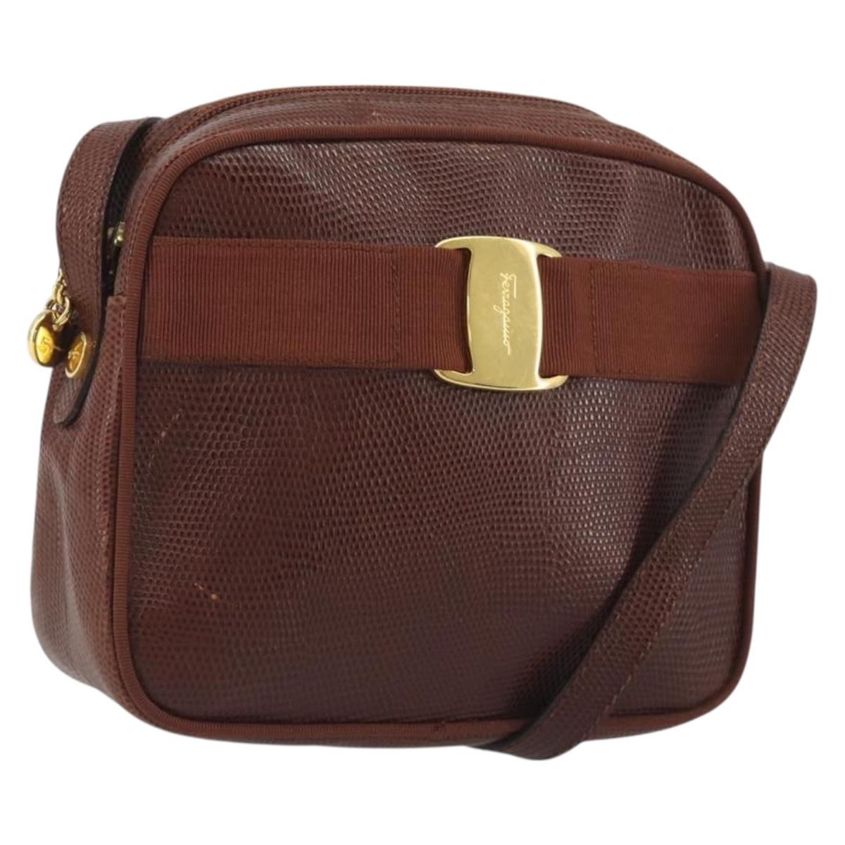 Salvatore Ferragamo Shoulder Bag Leather Embossed Brown Gold Auth 194054