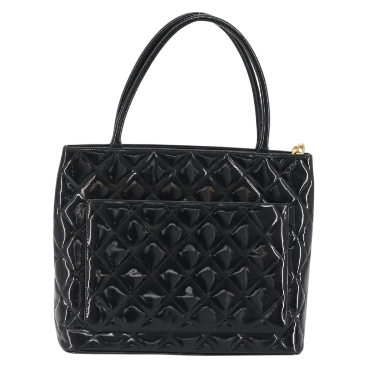 CHANEL Matelasse Reprint Tote Bag Patent Leather Black Gold CC Auth 194057V
